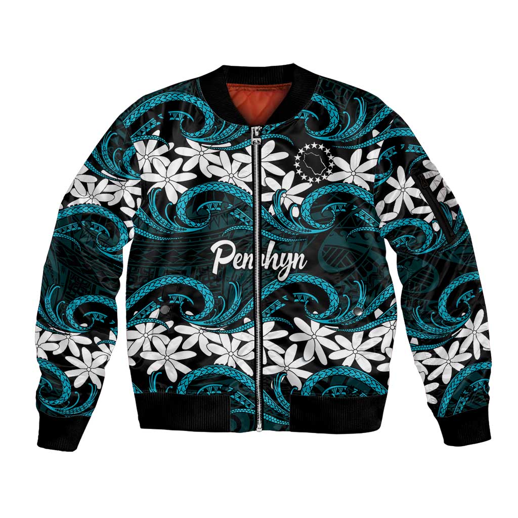 Personalised Cook Islands Penrhyn Atoll Sleeve Zip Bomber Jacket Tiare Maori Polynesian Waves Tattoo LT14 Unisex Blue - Polynesian Pride
