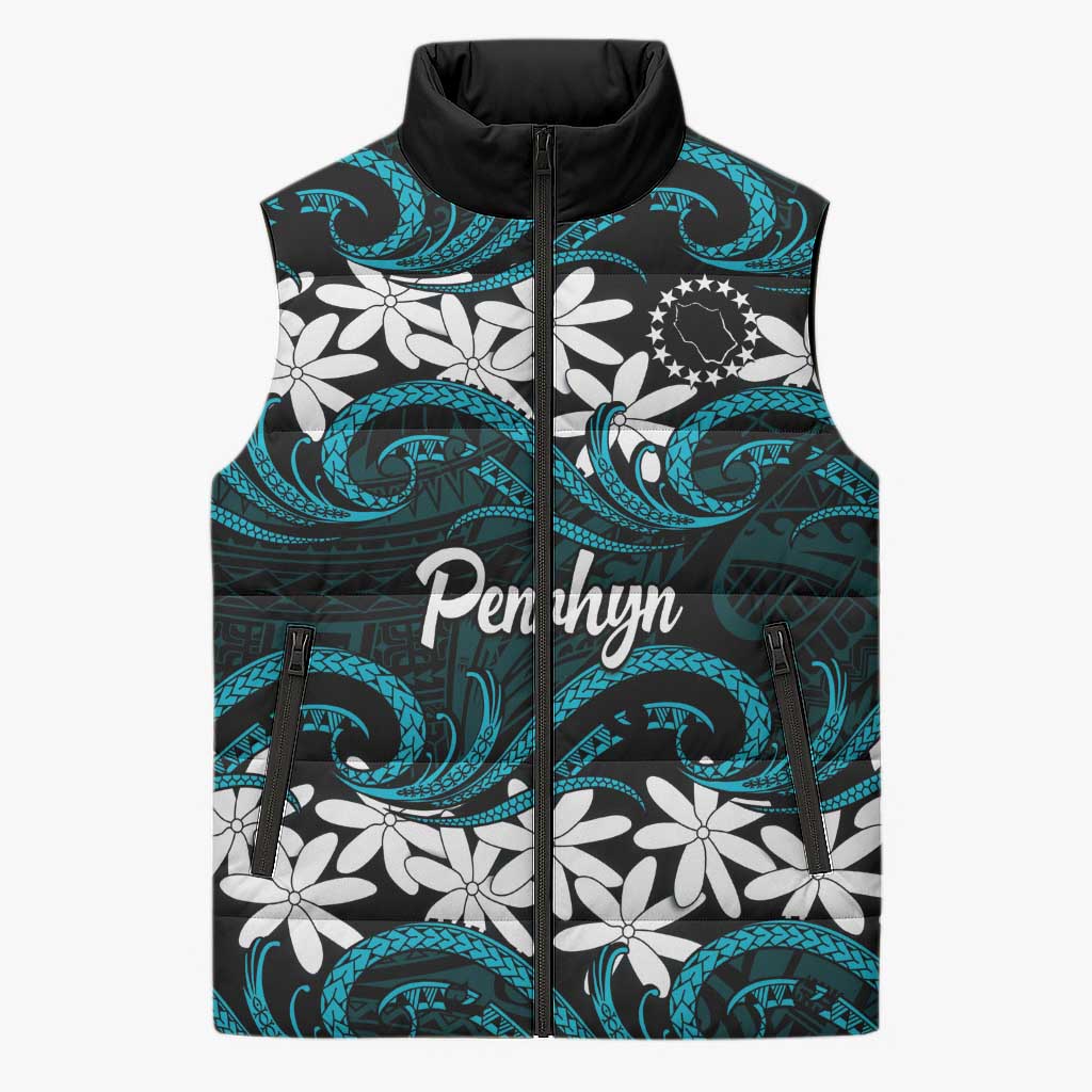 Personalised Cook Islands Penrhyn Atoll Sleeveless Puffer Jacket Tiare Maori Polynesian Waves Tattoo LT14 Unisex Blue - Polynesian Pride