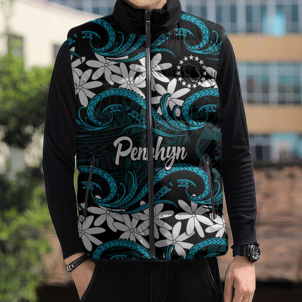 Personalised Cook Islands Penrhyn Atoll Sleeveless Puffer Jacket Tiare Maori Polynesian Waves Tattoo LT14 - Polynesian Pride