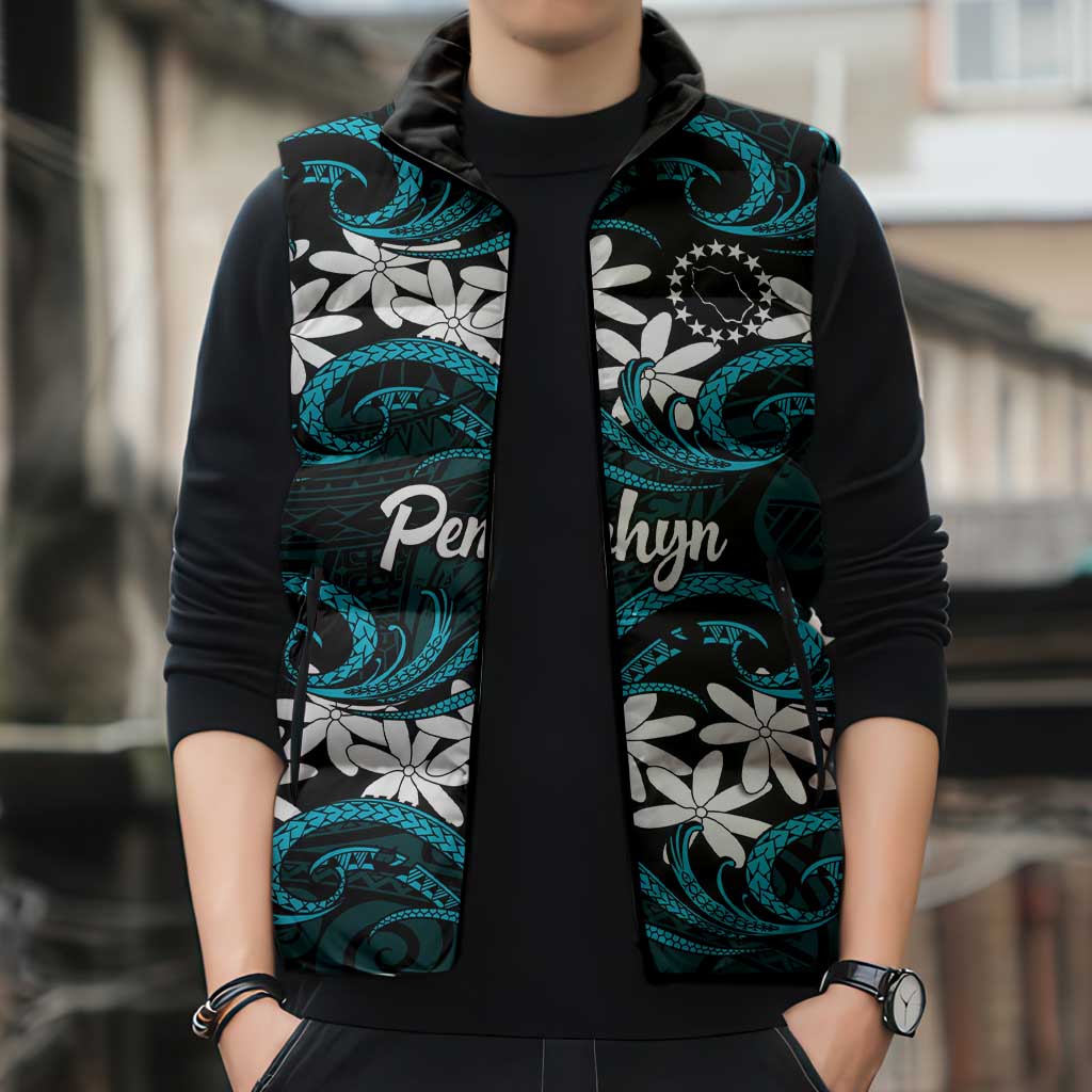 Personalised Cook Islands Penrhyn Atoll Sleeveless Puffer Jacket Tiare Maori Polynesian Waves Tattoo LT14 - Polynesian Pride