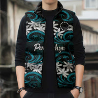 Personalised Cook Islands Penrhyn Atoll Sleeveless Puffer Jacket Tiare Maori Polynesian Waves Tattoo LT14 - Polynesian Pride