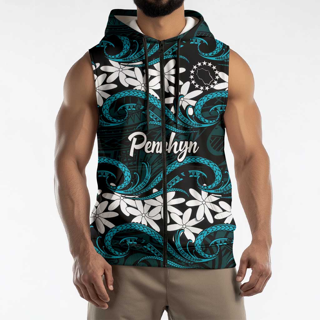 Personalised Cook Islands Penrhyn Atoll Sleeveless Zip Hoodie Tiare Maori Polynesian Waves Tattoo