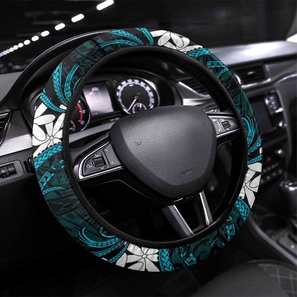 Cook Islands Penrhyn Atoll Steering Wheel Cover Tiare Maori Polynesian Waves Tattoo LT14 Universal Fit Blue - Polynesian Pride