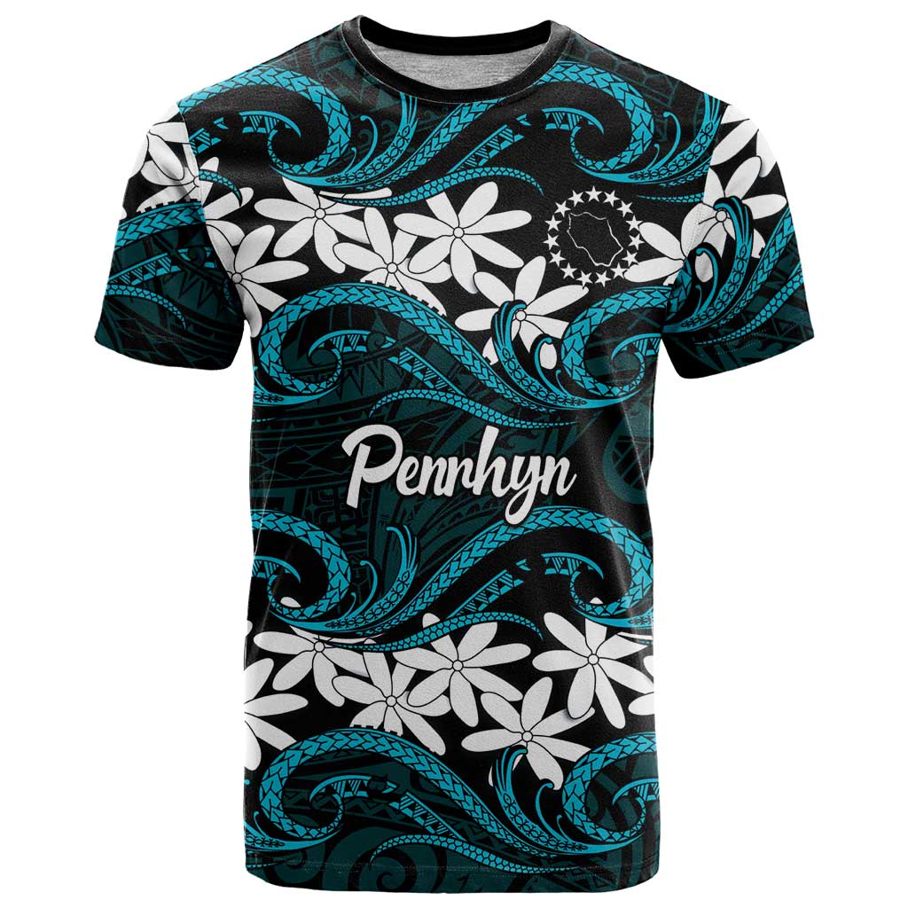 Personalised Cook Islands Penrhyn Atoll T Shirt Tiare Maori Polynesian Waves Tattoo LT14 Blue - Polynesian Pride