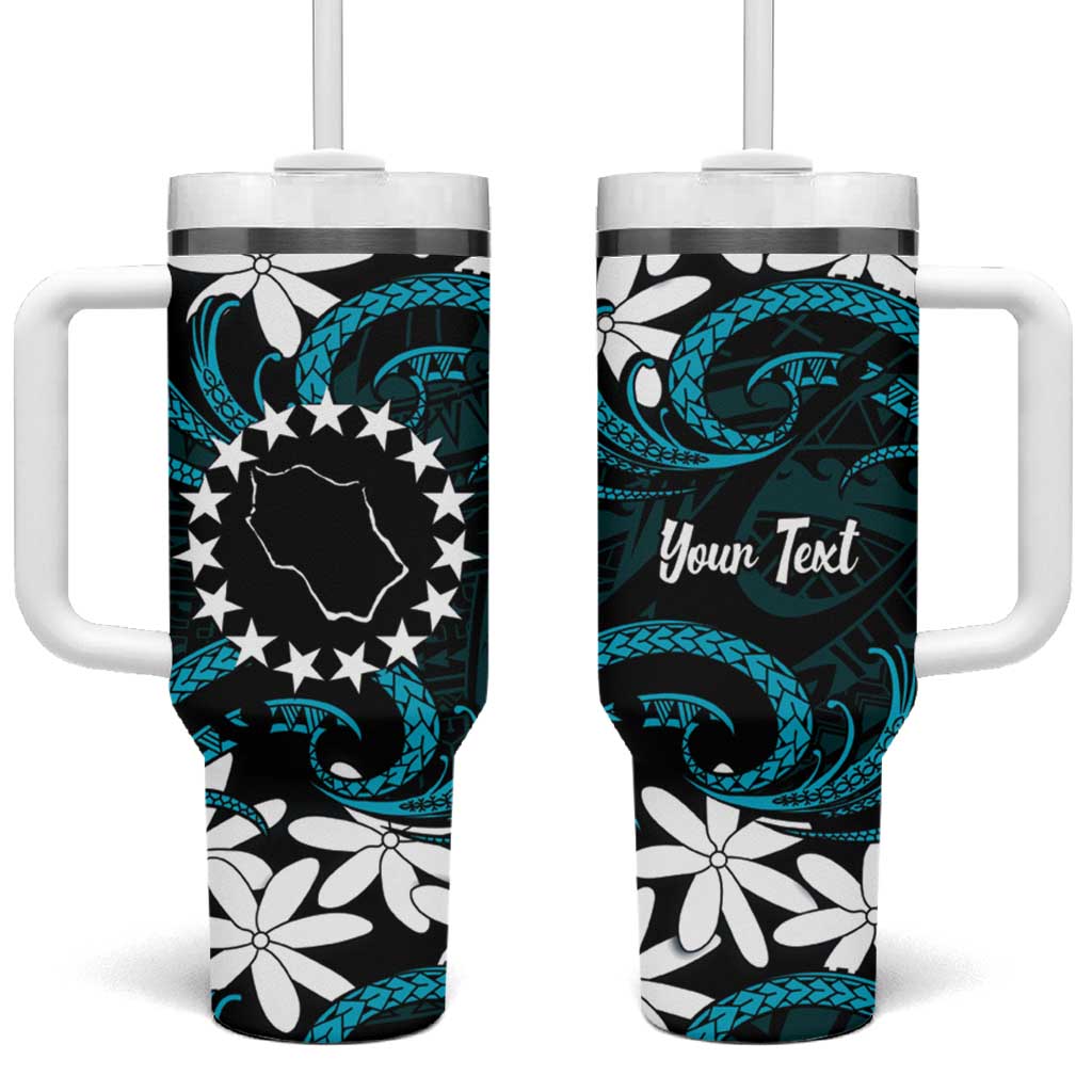 Personalised Cook Islands Penrhyn Atoll Tumbler With Handle Tiare Maori Polynesian Waves Tattoo LT14 One Size: 40 oz Blue - Polynesian Pride