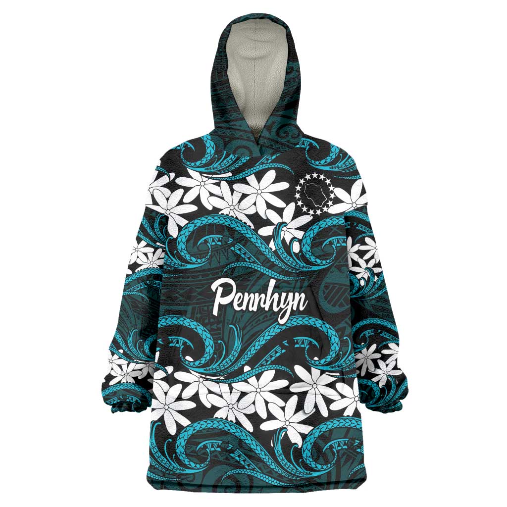 Personalised Cook Islands Penrhyn Atoll Wearable Blanket Hoodie Tiare Maori Polynesian Waves Tattoo LT14 One Size Blue - Polynesian Pride