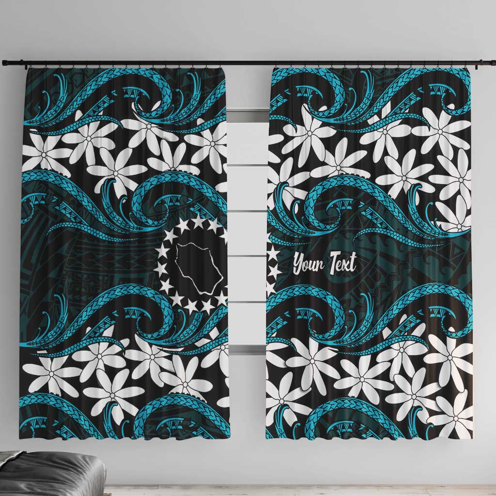 Personalised Cook Islands Penrhyn Atoll Window Curtain Tiare Maori Polynesian Waves Tattoo LT14 With Hooks Blue - Polynesian Pride