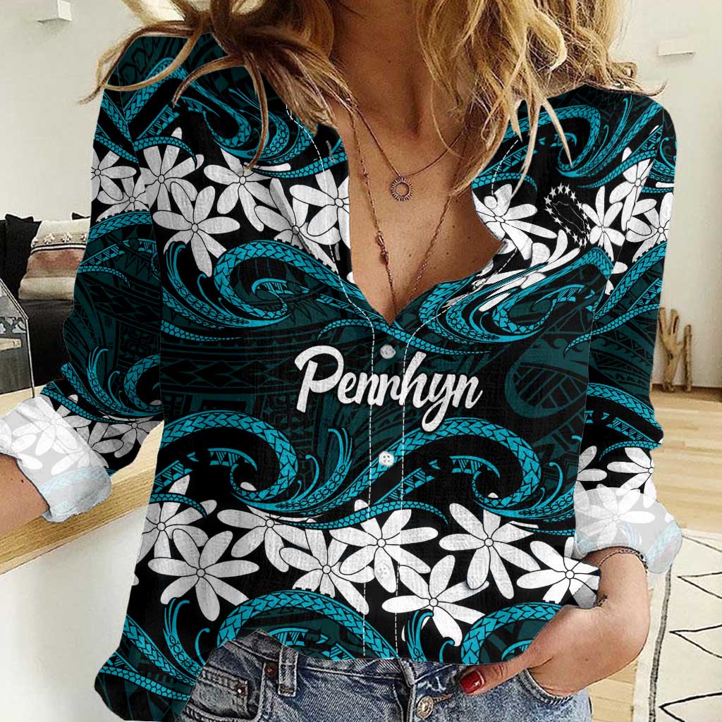 Personalised Cook Islands Penrhyn Atoll Women Casual Shirt Tiare Maori Polynesian Waves Tattoo LT14 Female Blue - Polynesian Pride