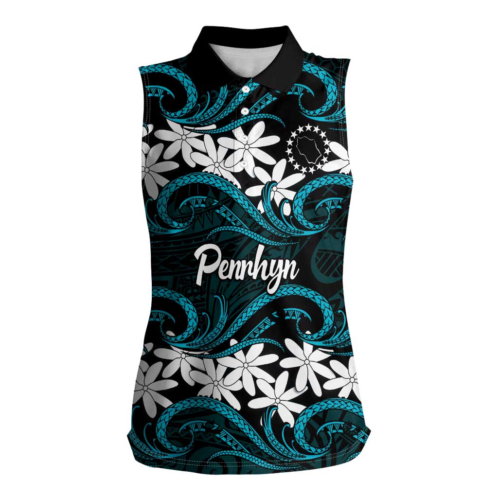 Personalised Cook Islands Penrhyn Atoll Women Sleeveless Polo Shirt Tiare Maori Polynesian Waves Tattoo LT14 Female Blue - Polynesian Pride