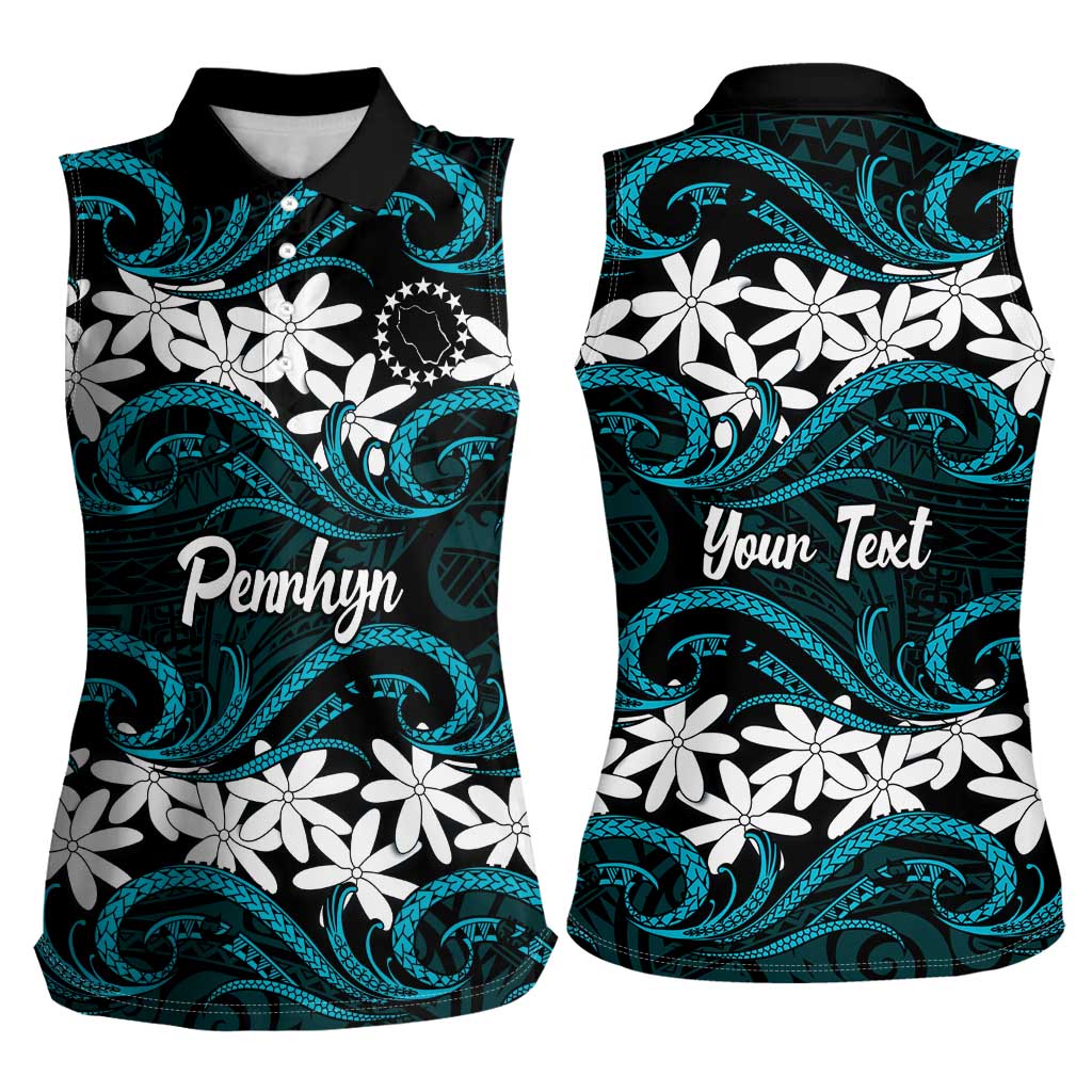 Personalised Cook Islands Penrhyn Atoll Women Sleeveless Polo Shirt Tiare Maori Polynesian Waves Tattoo