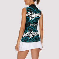 Personalised Cook Islands Penrhyn Atoll Women Sleeveless Polo Shirt Tiare Maori Polynesian Waves Tattoo