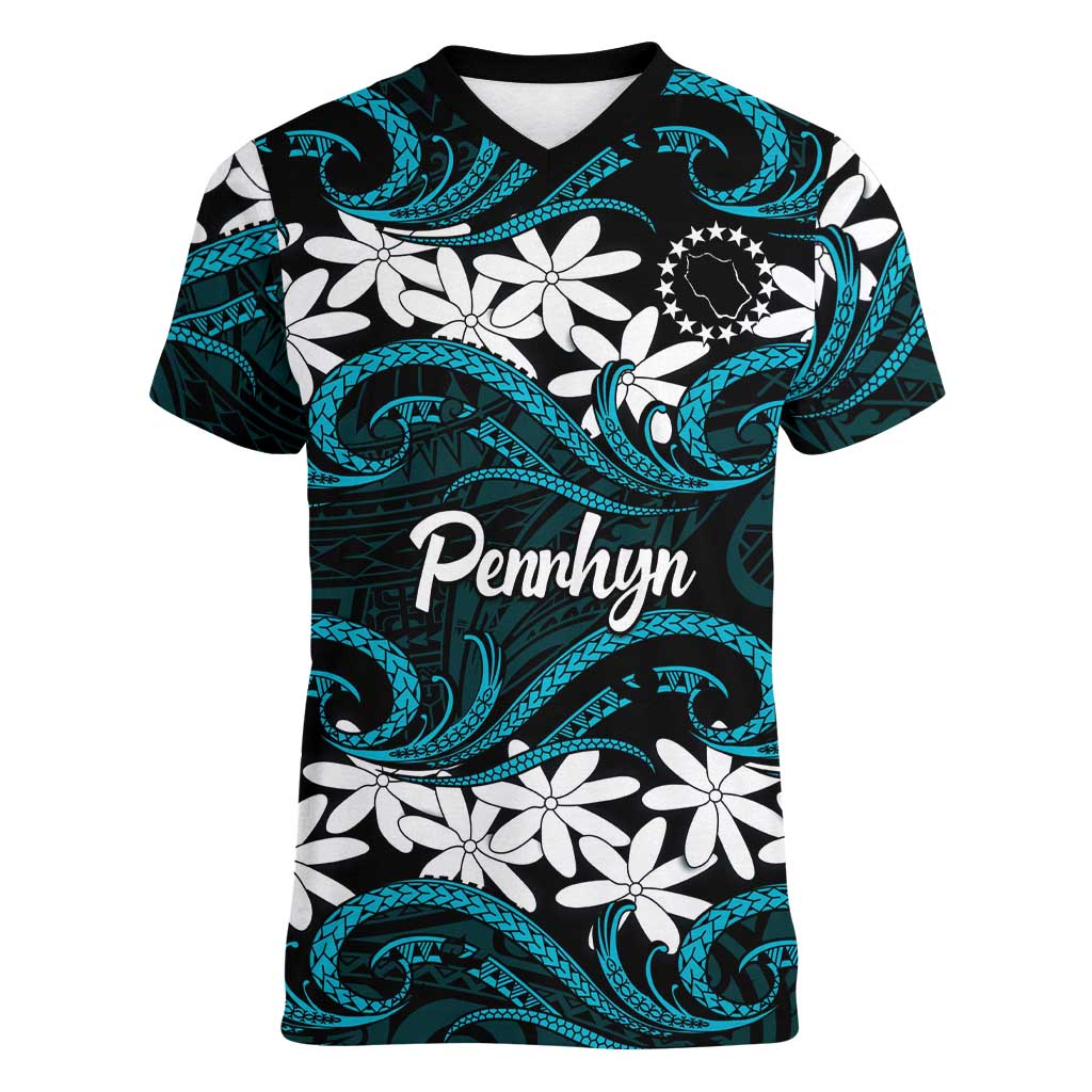 Personalised Cook Islands Penrhyn Atoll Women V-Neck T-Shirt Tiare Maori Polynesian Waves Tattoo