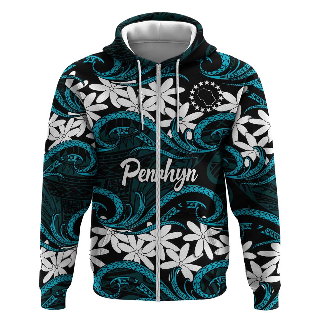 Personalised Cook Islands Penrhyn Atoll Zip Hoodie Tiare Maori Polynesian Waves Tattoo LT14 Zip Hoodie Blue - Polynesian Pride