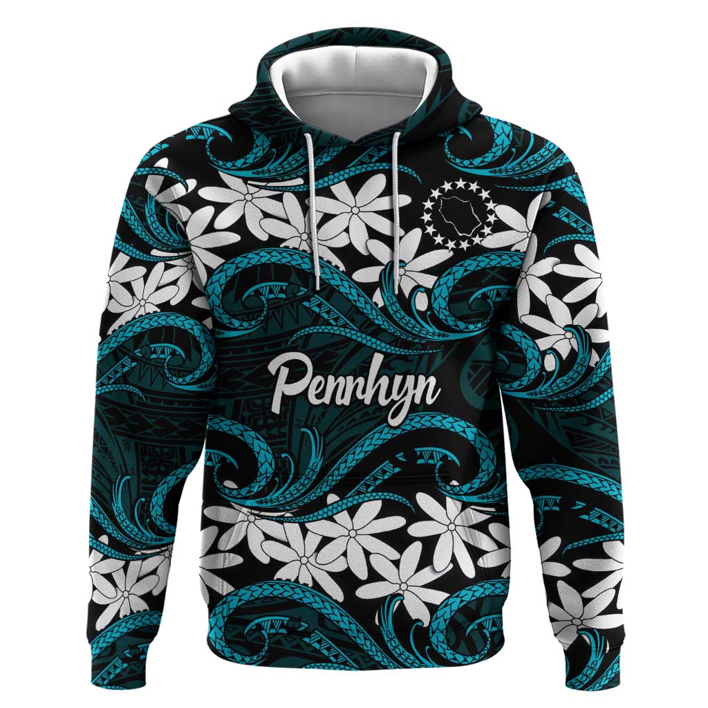 Personalised Cook Islands Penrhyn Atoll Zip Hoodie Tiare Maori Polynesian Waves Tattoo LT14 Pullover Hoodie Blue - Polynesian Pride
