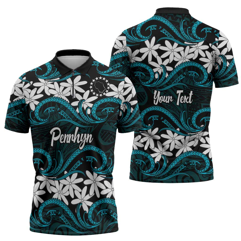 Personalised Cook Islands Penrhyn Atoll Zipper Polo Shirt Tiare Maori Polynesian Waves Tattoo