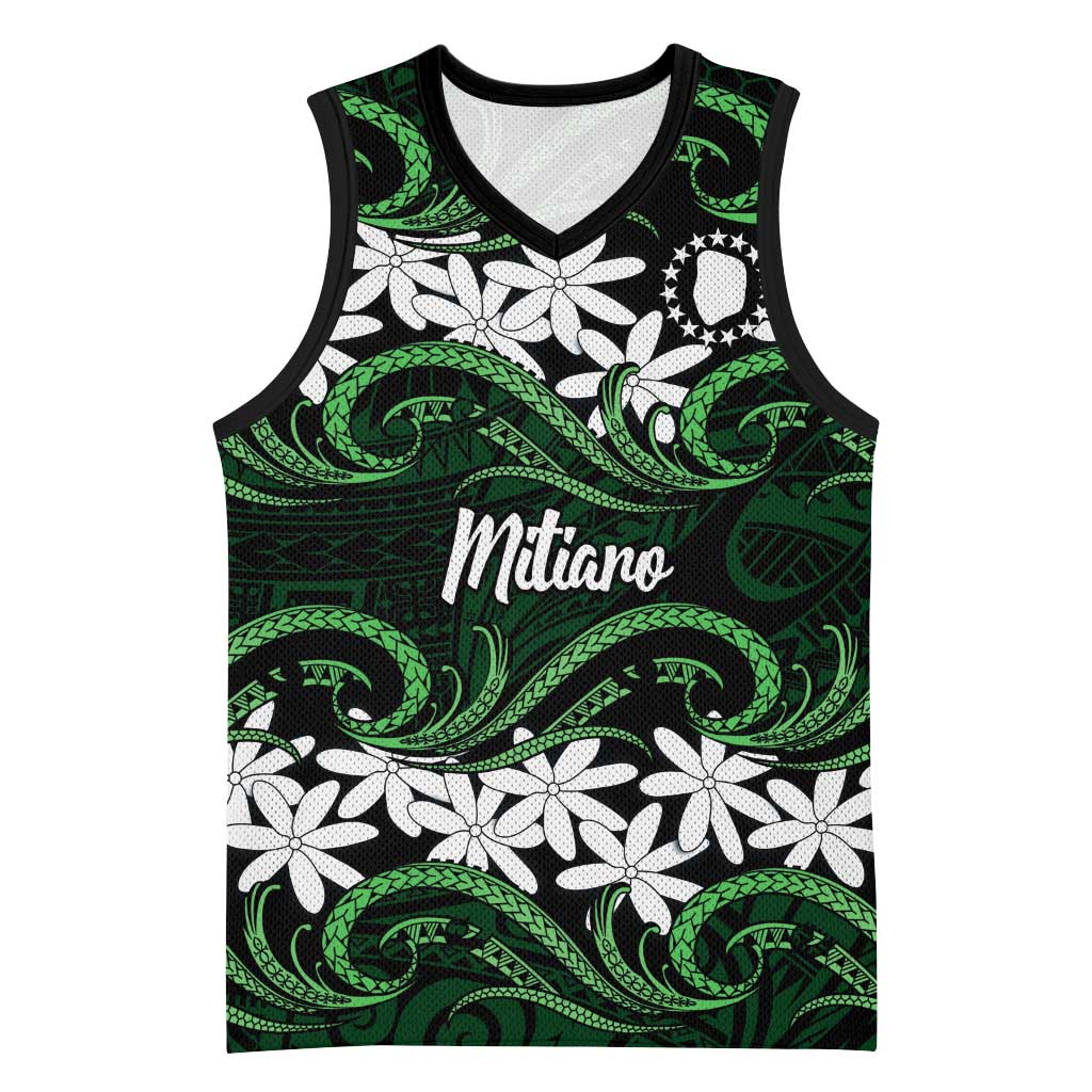 Personalised Cook Islands Mitiaro Basketball Jersey Tiare Maori Polynesian Waves Tattoo
