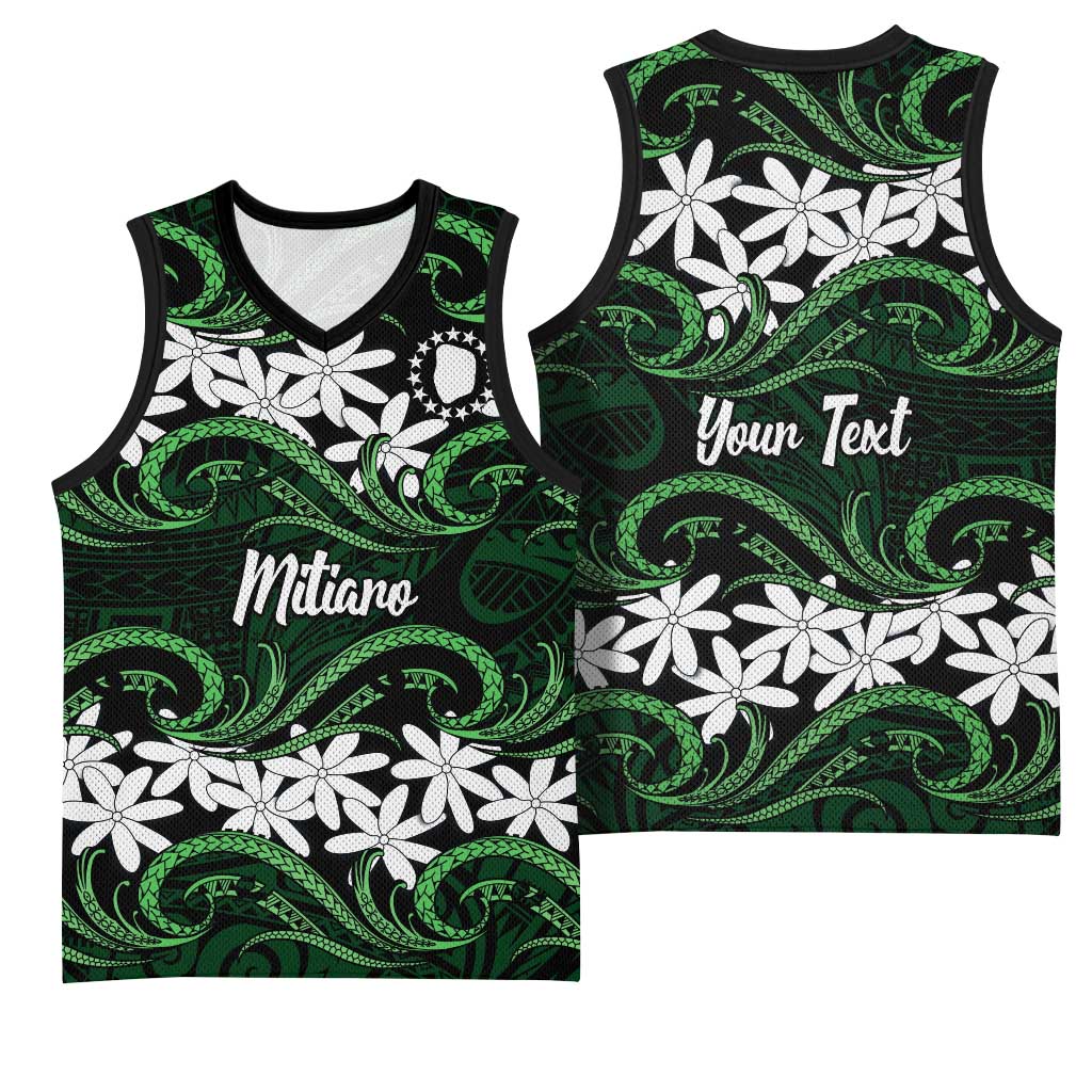Personalised Cook Islands Mitiaro Basketball Jersey Tiare Maori Polynesian Waves Tattoo