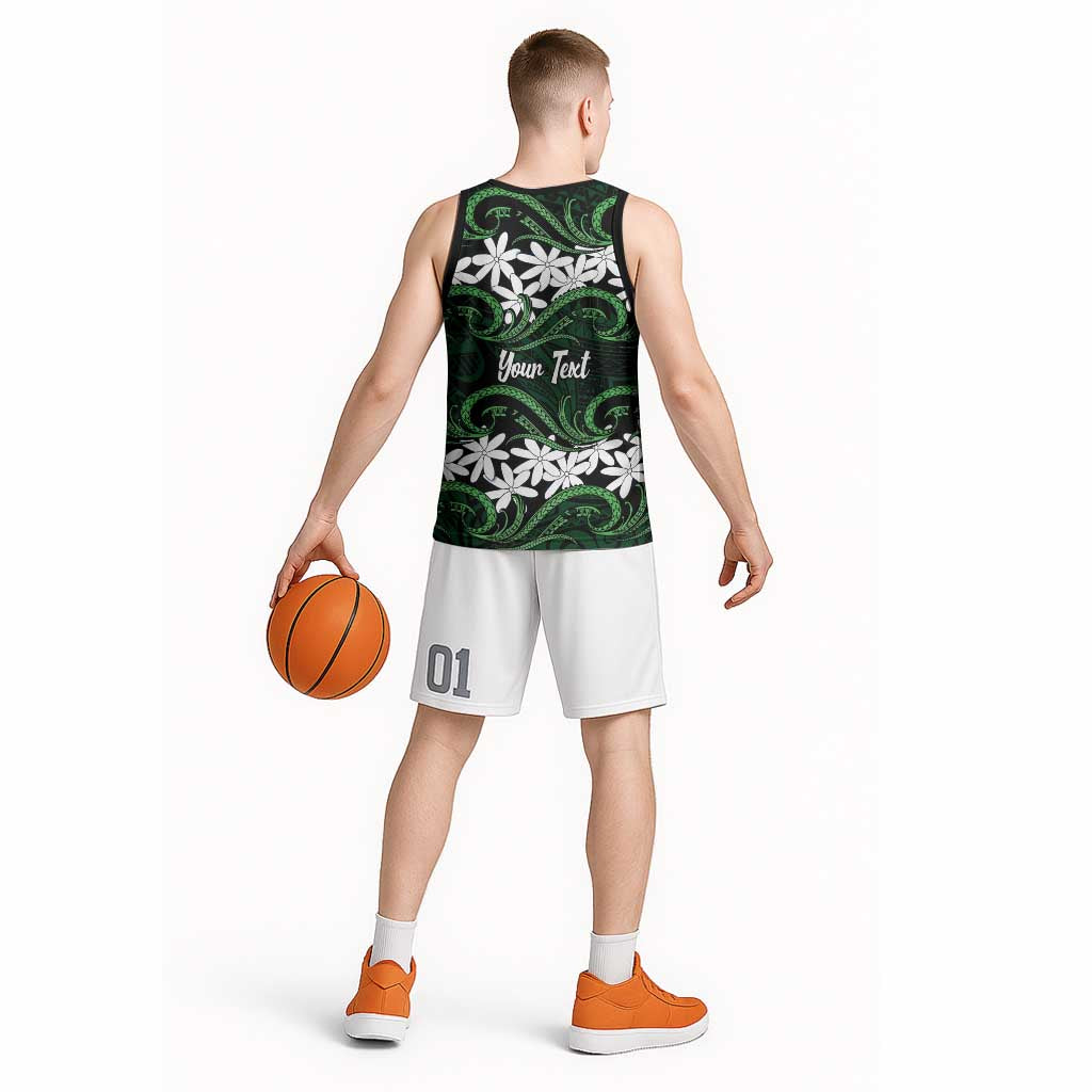 Personalised Cook Islands Mitiaro Basketball Jersey Tiare Maori Polynesian Waves Tattoo