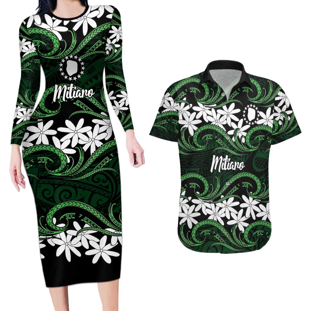 Personalised Cook Islands Mitiaro Couples Matching Long Sleeve Bodycon Dress and Hawaiian Shirt Tiare Maori Polynesian Waves Tattoo LT14 Green - Polynesian Pride