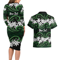 Personalised Cook Islands Mitiaro Couples Matching Long Sleeve Bodycon Dress and Hawaiian Shirt Tiare Maori Polynesian Waves Tattoo