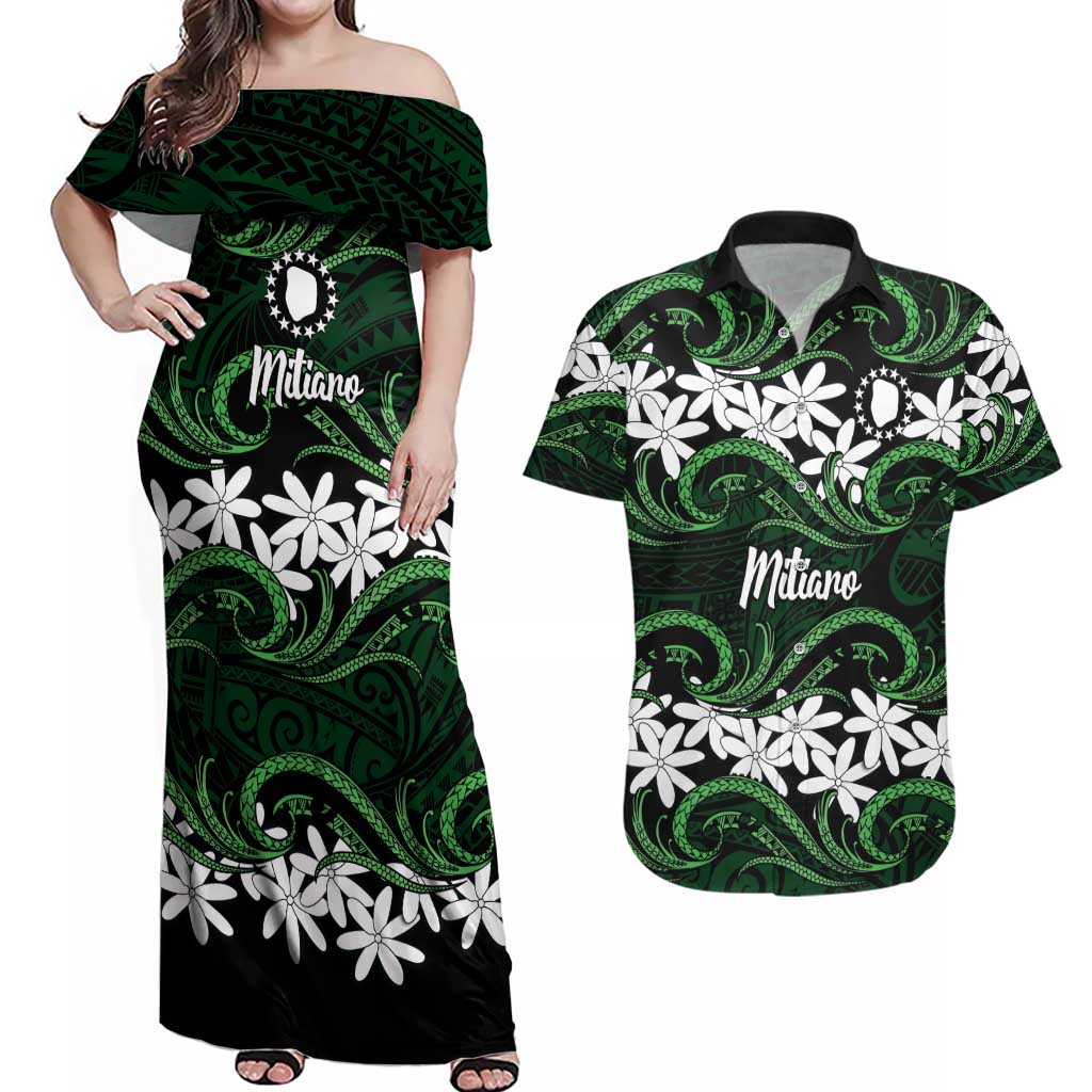 Personalised Cook Islands Mitiaro Couples Matching Off Shoulder Maxi Dress and Hawaiian Shirt Tiare Maori Polynesian Waves Tattoo LT14 Green - Polynesian Pride