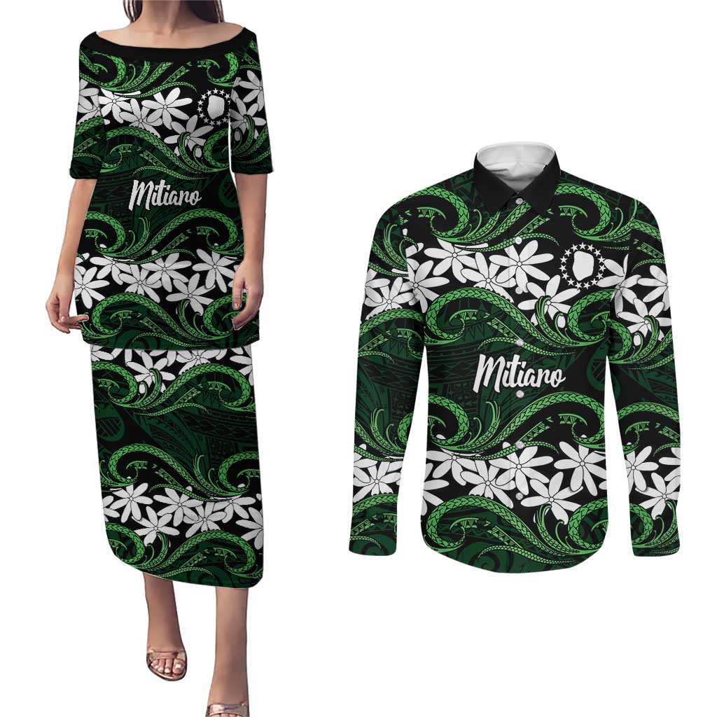 Personalised Cook Islands Mitiaro Couples Matching Puletasi and Long Sleeve Button Shirt Tiare Maori Polynesian Waves Tattoo LT14 Green - Polynesian Pride