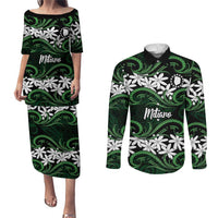 Personalised Cook Islands Mitiaro Couples Matching Puletasi and Long Sleeve Button Shirt Tiare Maori Polynesian Waves Tattoo LT14 Green - Polynesian Pride