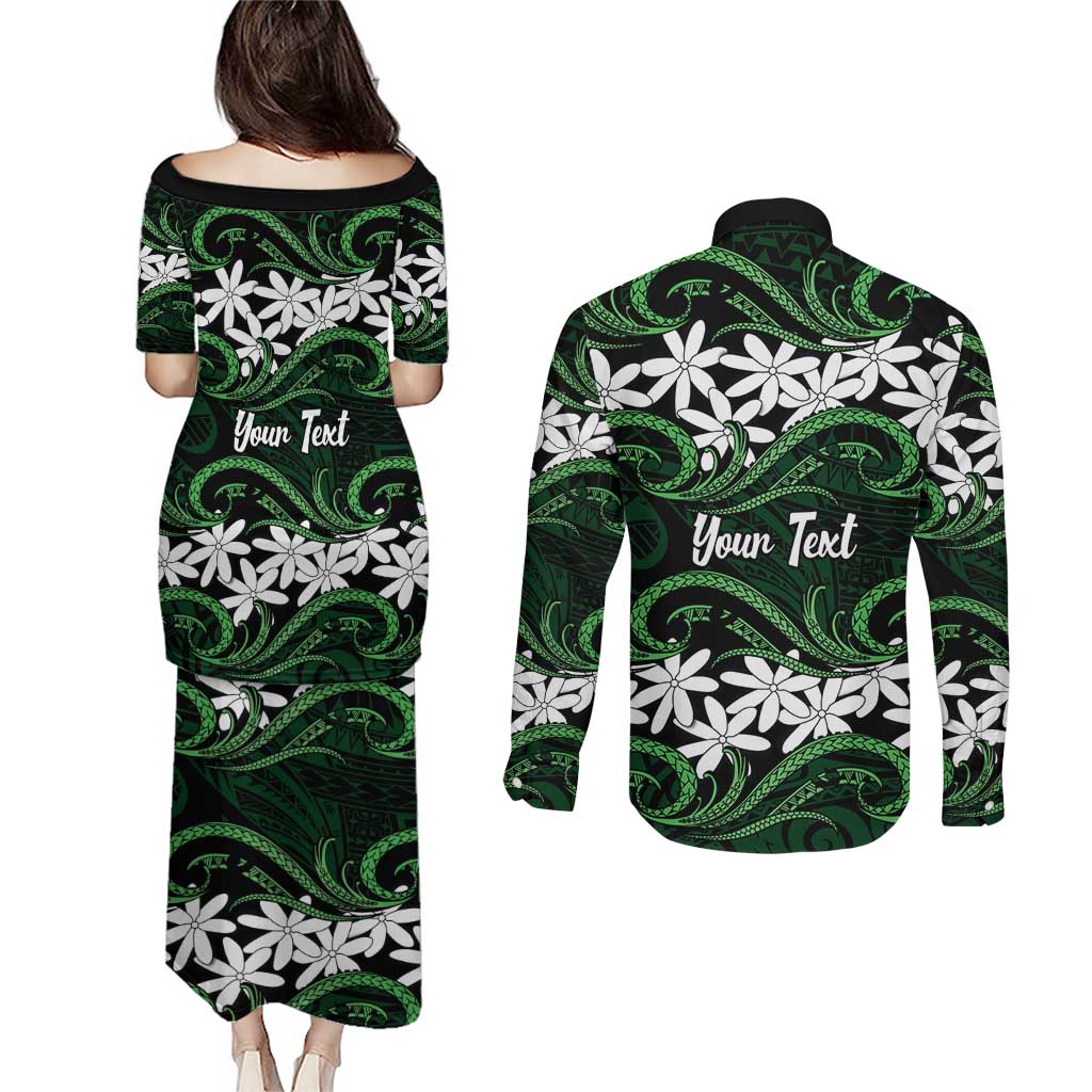 Personalised Cook Islands Mitiaro Couples Matching Puletasi and Long Sleeve Button Shirt Tiare Maori Polynesian Waves Tattoo LT14 - Polynesian Pride