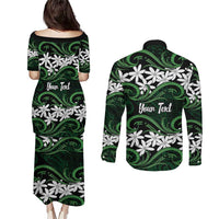 Personalised Cook Islands Mitiaro Couples Matching Puletasi and Long Sleeve Button Shirt Tiare Maori Polynesian Waves Tattoo LT14 - Polynesian Pride