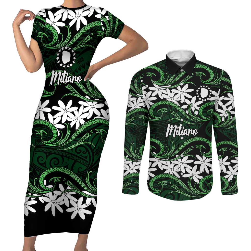 Personalised Cook Islands Mitiaro Couples Matching Short Sleeve Bodycon Dress and Long Sleeve Button Shirt Tiare Maori Polynesian Waves Tattoo LT14 Green - Polynesian Pride