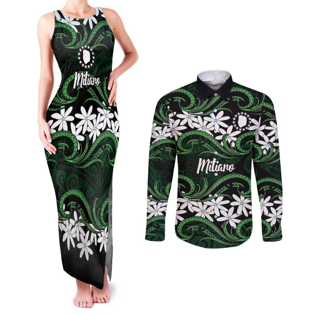 Personalised Cook Islands Mitiaro Couples Matching Tank Maxi Dress and Long Sleeve Button Shirt Tiare Maori Polynesian Waves Tattoo LT14 Green - Polynesian Pride