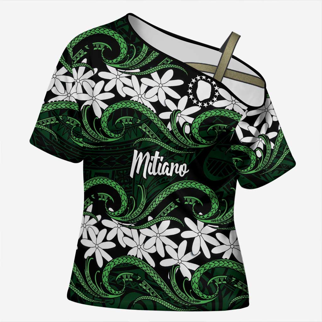Personalised Cook Islands Mitiaro Cross Shoulder Shirt Tiare Maori Polynesian Waves Tattoo LT14 Female Green - Polynesian Pride