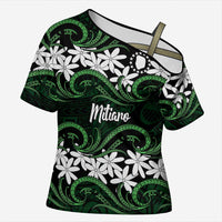 Personalised Cook Islands Mitiaro Cross Shoulder Shirt Tiare Maori Polynesian Waves Tattoo LT14 Female Green - Polynesian Pride