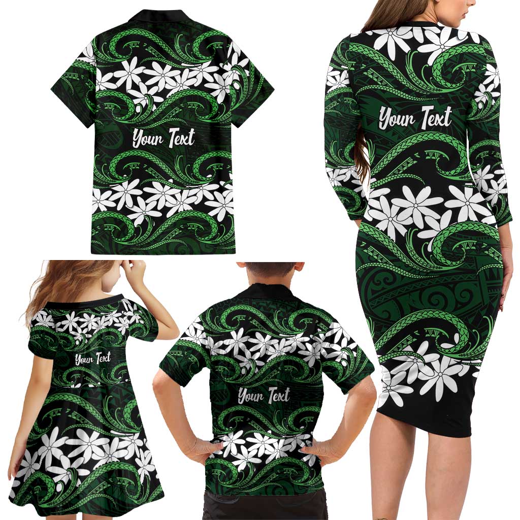 Personalised Cook Islands Mitiaro Family Matching Long Sleeve Bodycon Dress and Hawaiian Shirt Tiare Maori Polynesian Waves Tattoo