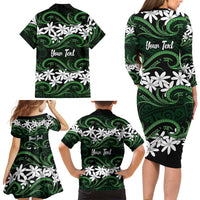 Personalised Cook Islands Mitiaro Family Matching Long Sleeve Bodycon Dress and Hawaiian Shirt Tiare Maori Polynesian Waves Tattoo