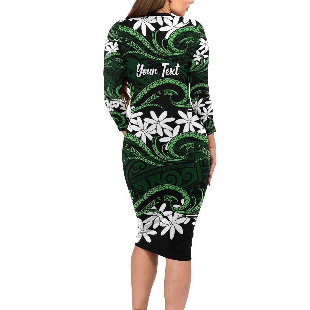 Personalised Cook Islands Mitiaro Family Matching Long Sleeve Bodycon Dress and Hawaiian Shirt Tiare Maori Polynesian Waves Tattoo