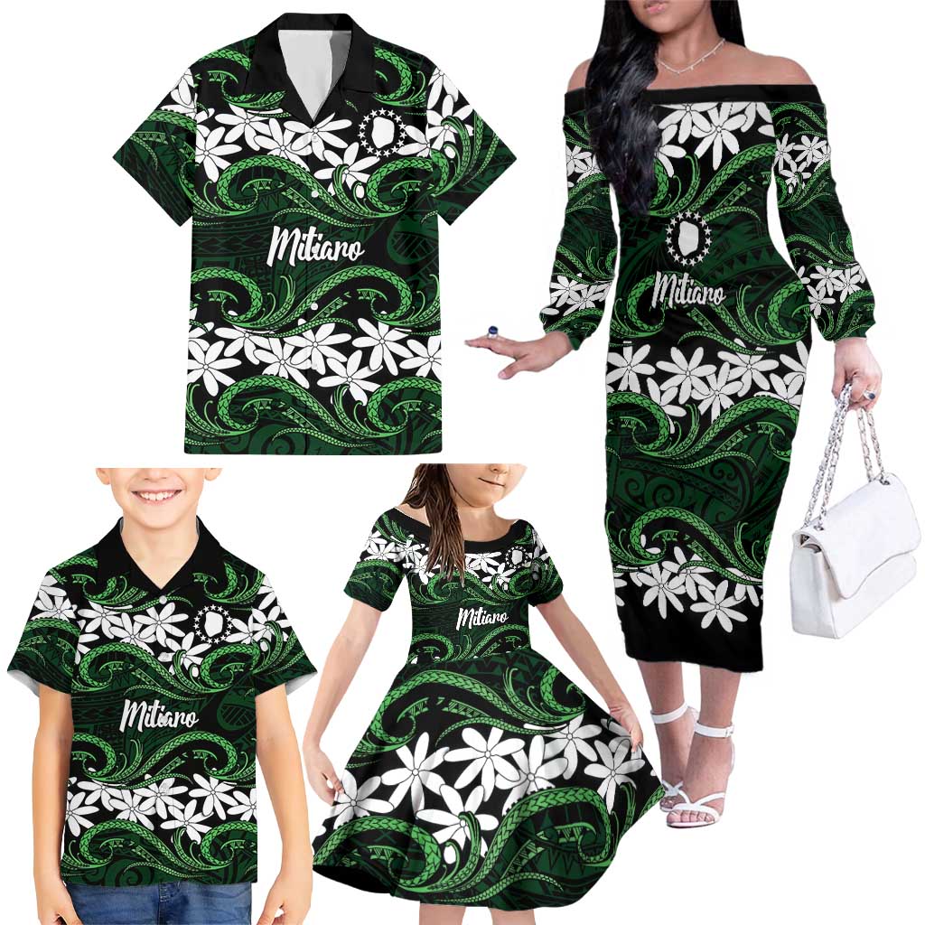 Personalised Cook Islands Mitiaro Family Matching Off The Shoulder Long Sleeve Dress and Hawaiian Shirt Tiare Maori Polynesian Waves Tattoo LT14 - Polynesian Pride