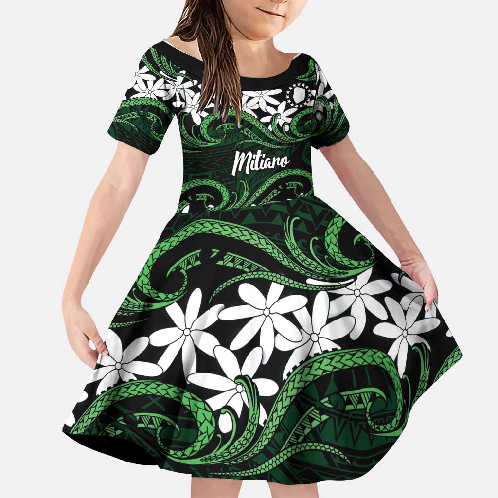 Personalised Cook Islands Mitiaro Family Matching Off Shoulder Short Dress and Hawaiian Shirt Tiare Maori Polynesian Waves Tattoo