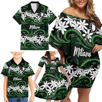Personalised Cook Islands Mitiaro Family Matching Off Shoulder Short Dress and Hawaiian Shirt Tiare Maori Polynesian Waves Tattoo
