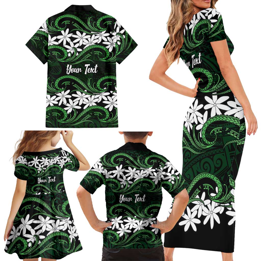 Personalised Cook Islands Mitiaro Family Matching Short Sleeve Bodycon Dress and Hawaiian Shirt Tiare Maori Polynesian Waves Tattoo