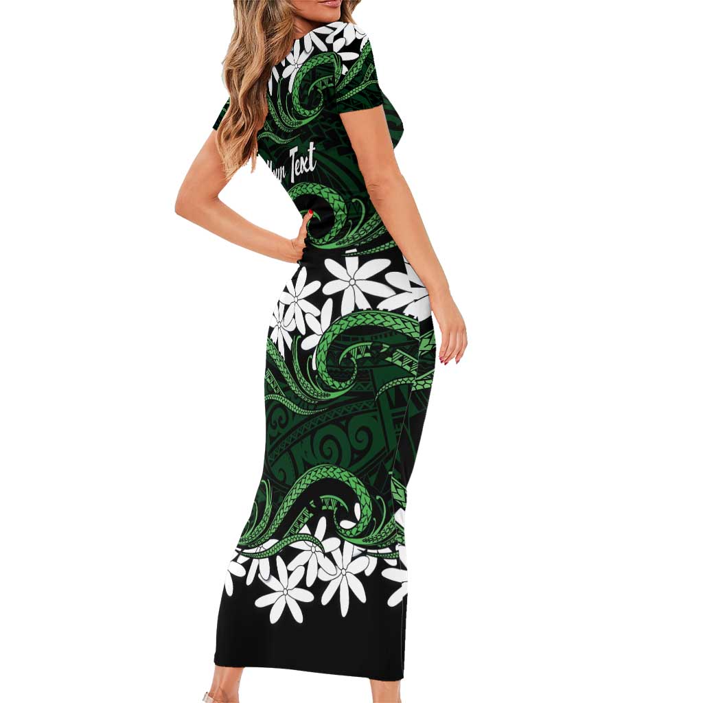Personalised Cook Islands Mitiaro Family Matching Short Sleeve Bodycon Dress and Hawaiian Shirt Tiare Maori Polynesian Waves Tattoo