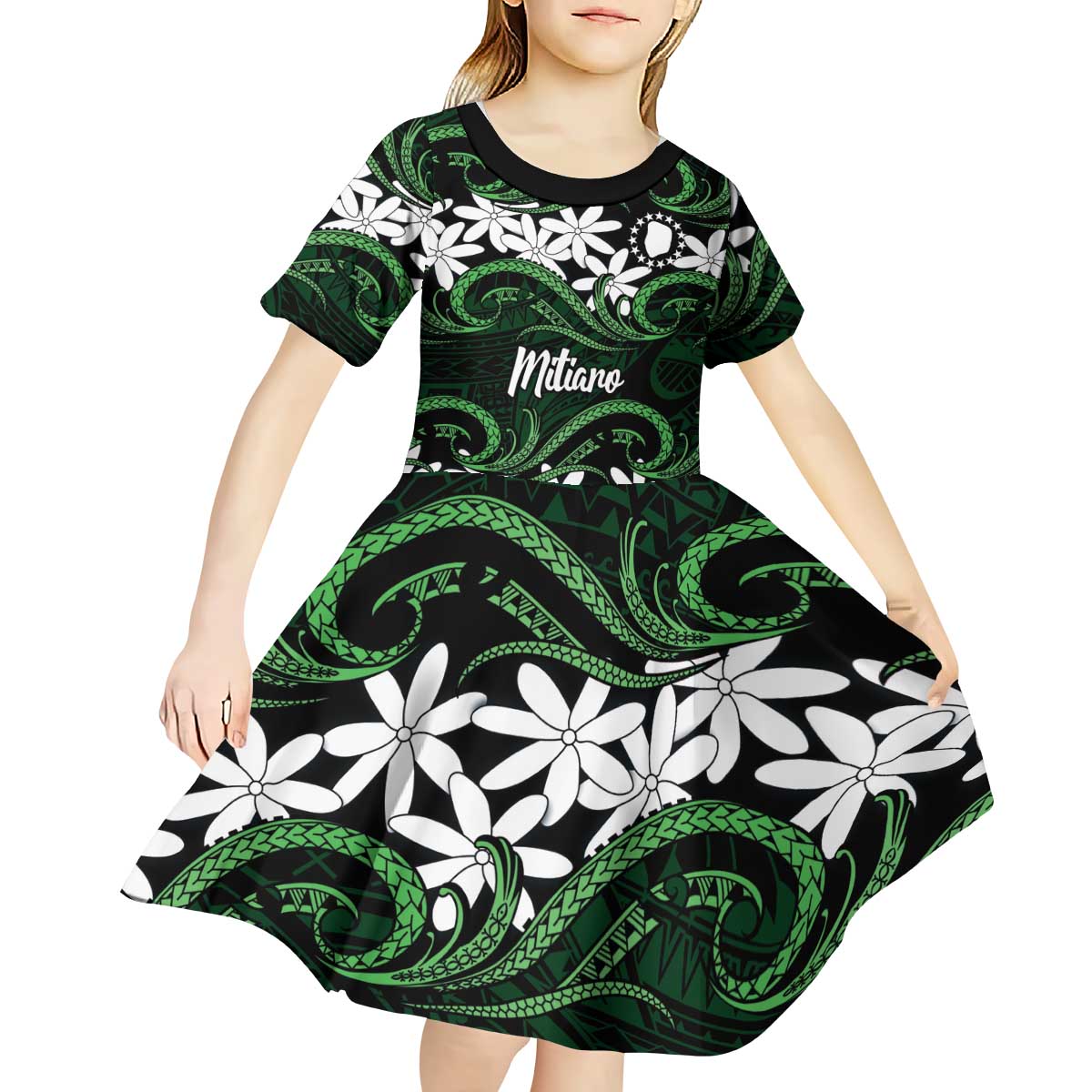 Personalised Cook Islands Mitiaro Kid Short Sleeve Dress Tiare Maori Polynesian Waves Tattoo LT14 - Polynesian Pride