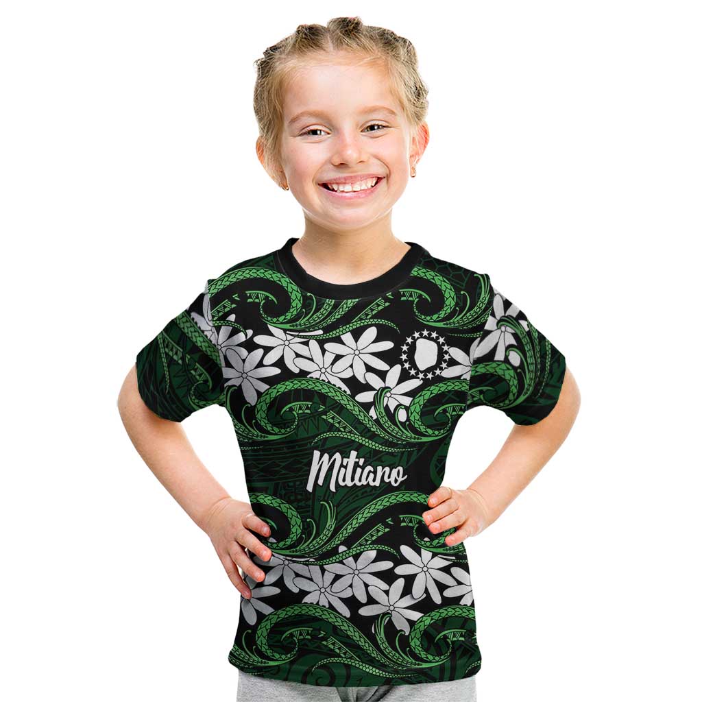 Personalised Cook Islands Mitiaro Kid T Shirt Tiare Maori Polynesian Waves Tattoo LT14 Green - Polynesian Pride