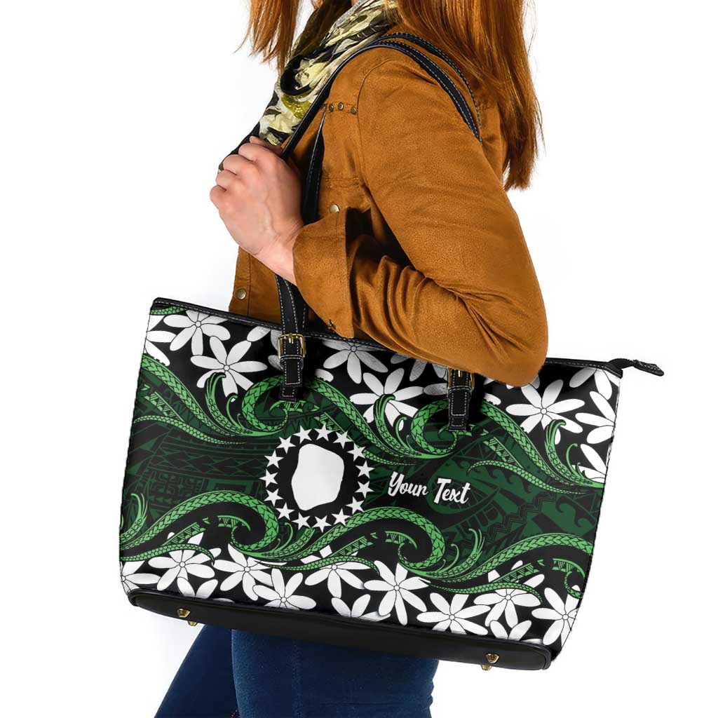 Personalised Cook Islands Mitiaro Leather Tote Bag Tiare Maori Polynesian Waves Tattoo LT14 Green - Polynesian Pride