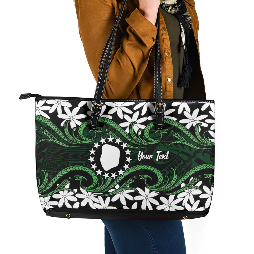 Personalised Cook Islands Mitiaro Leather Tote Bag Tiare Maori Polynesian Waves Tattoo LT14 - Polynesian Pride