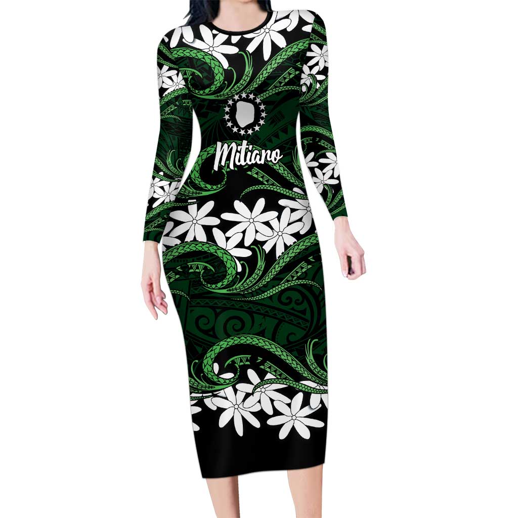 Personalised Cook Islands Mitiaro Long Sleeve Bodycon Dress Tiare Maori Polynesian Waves Tattoo LT14 Long Dress Green - Polynesian Pride