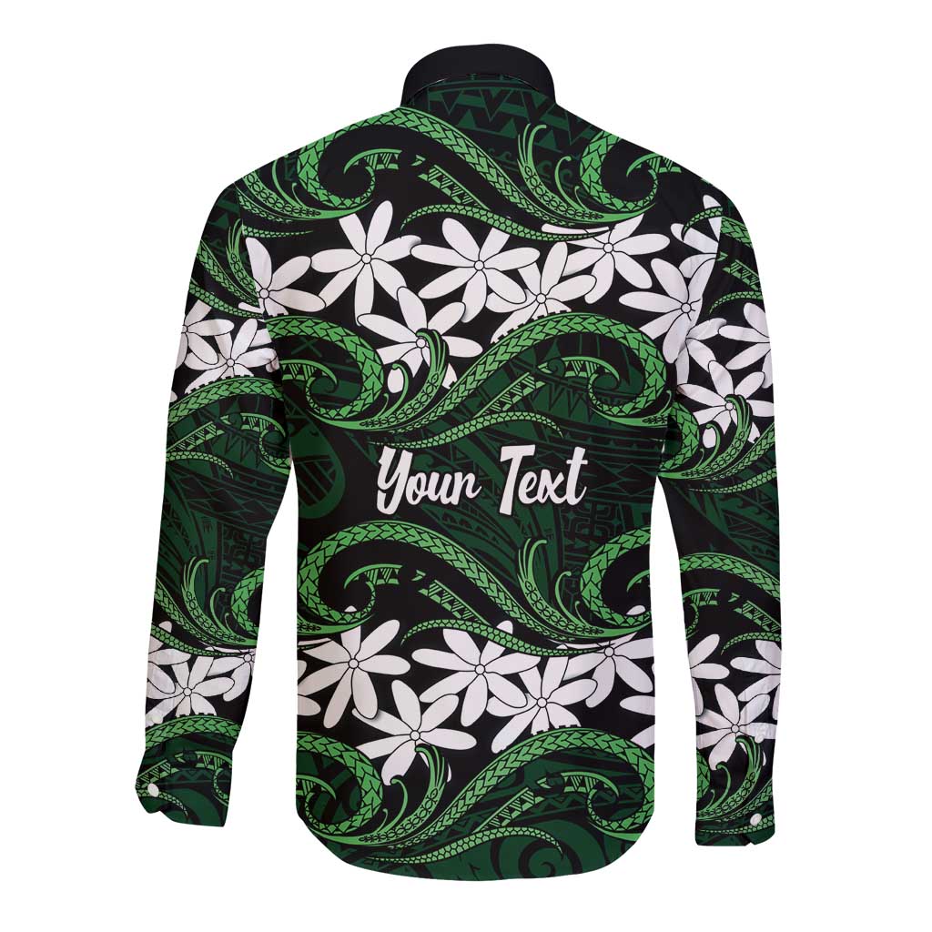 Personalised Cook Islands Mitiaro Long Sleeve Button Shirt Tiare Maori Polynesian Waves Tattoo LT14 - Polynesian Pride