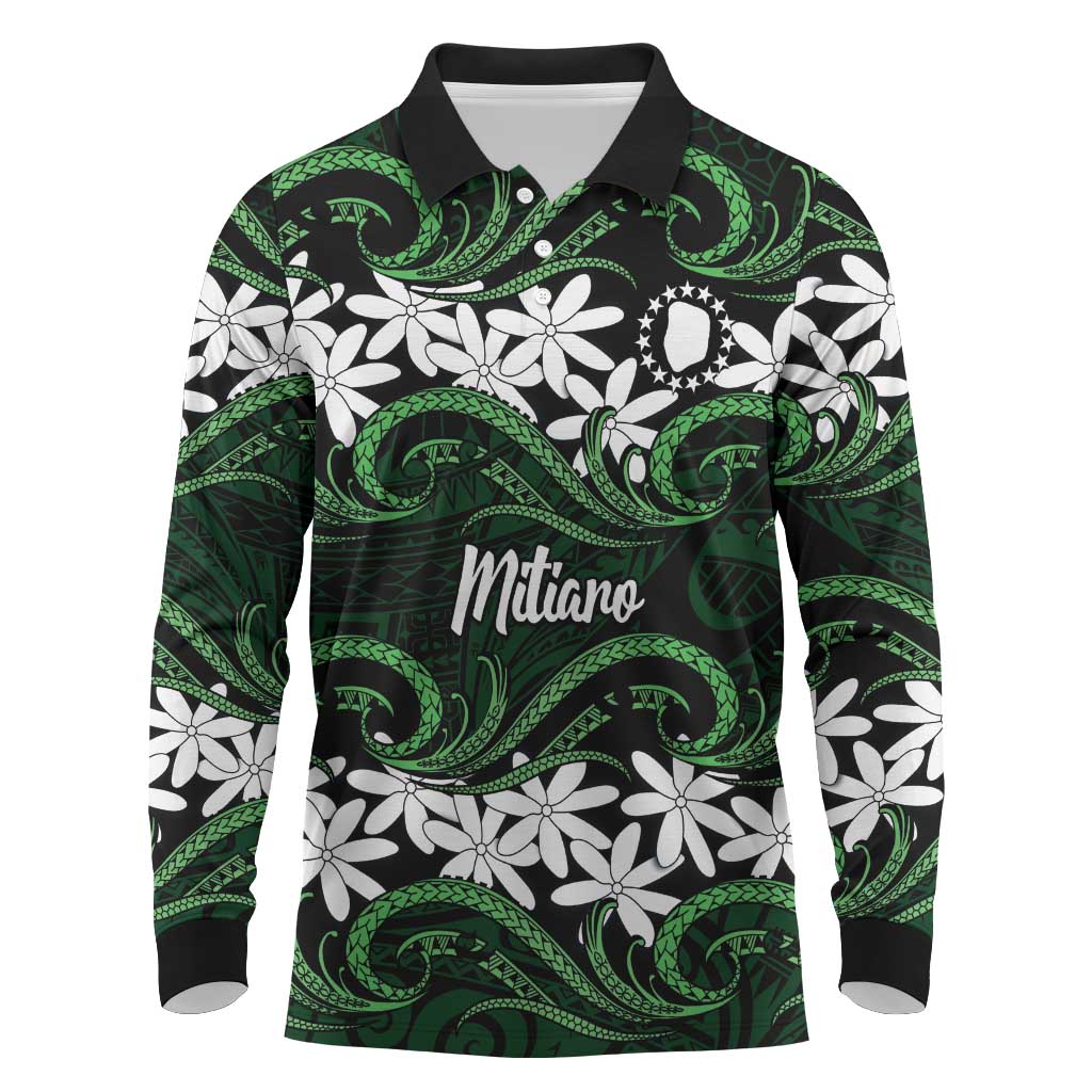 Personalised Cook Islands Mitiaro Long Sleeve Polo Shirt Tiare Maori Polynesian Waves Tattoo