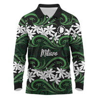 Personalised Cook Islands Mitiaro Long Sleeve Polo Shirt Tiare Maori Polynesian Waves Tattoo LT14 Green - Polynesian Pride