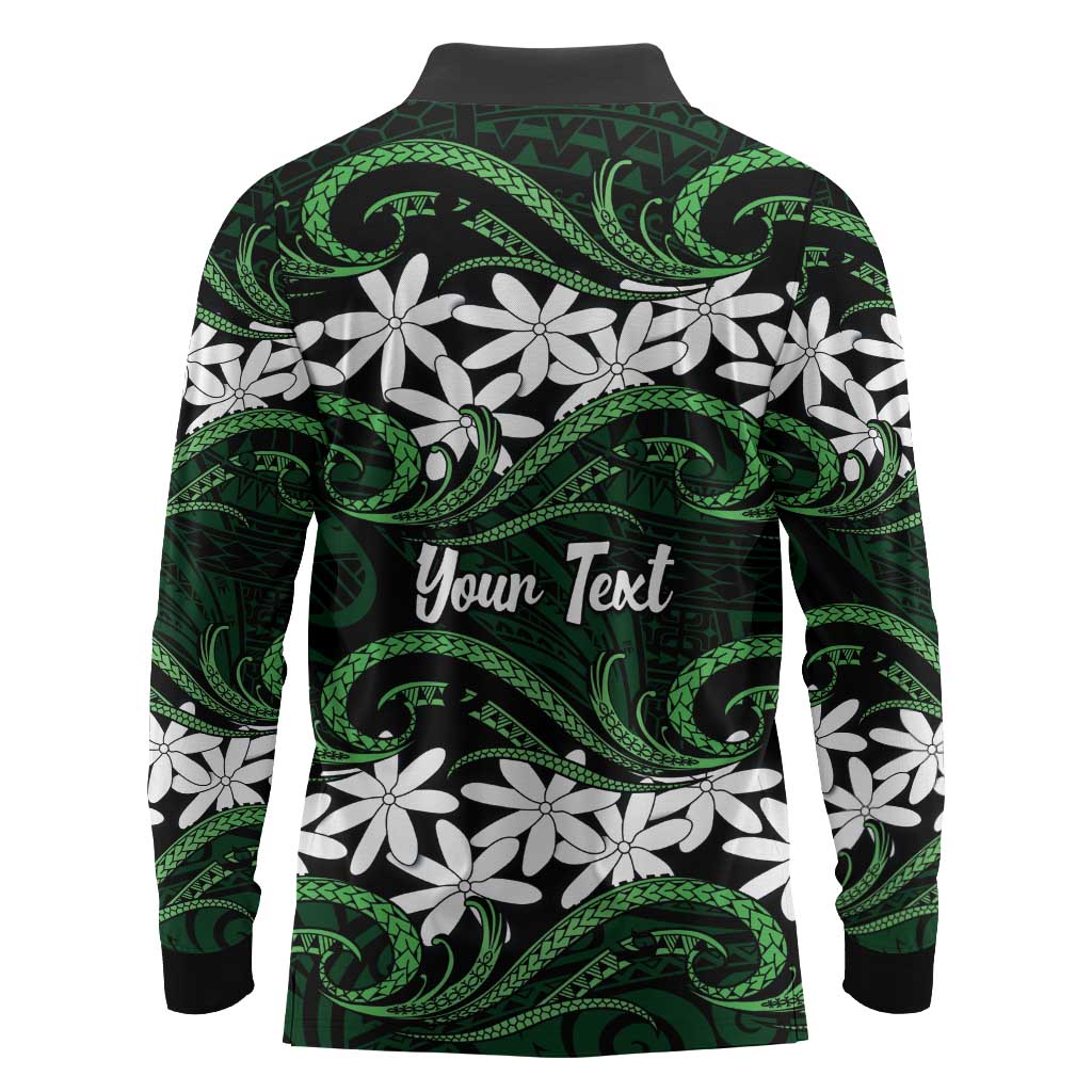 Personalised Cook Islands Mitiaro Long Sleeve Polo Shirt Tiare Maori Polynesian Waves Tattoo LT14 - Polynesian Pride